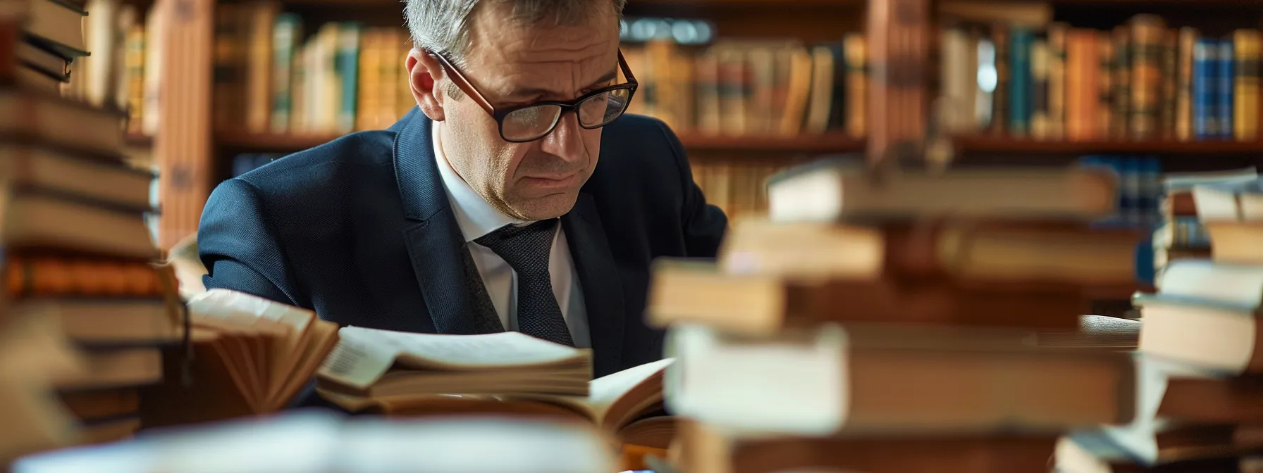 a focused lawyer confidently prepares a detailed defense strategy while surrounded by legal books and documents in a well-lit office.